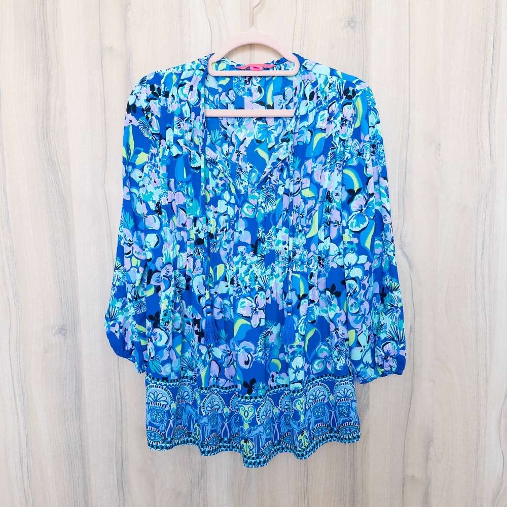 Lilly Pulitzer Marilina Long Sleeve Tunic XS Blue Blue Grotto Twilight Tropics